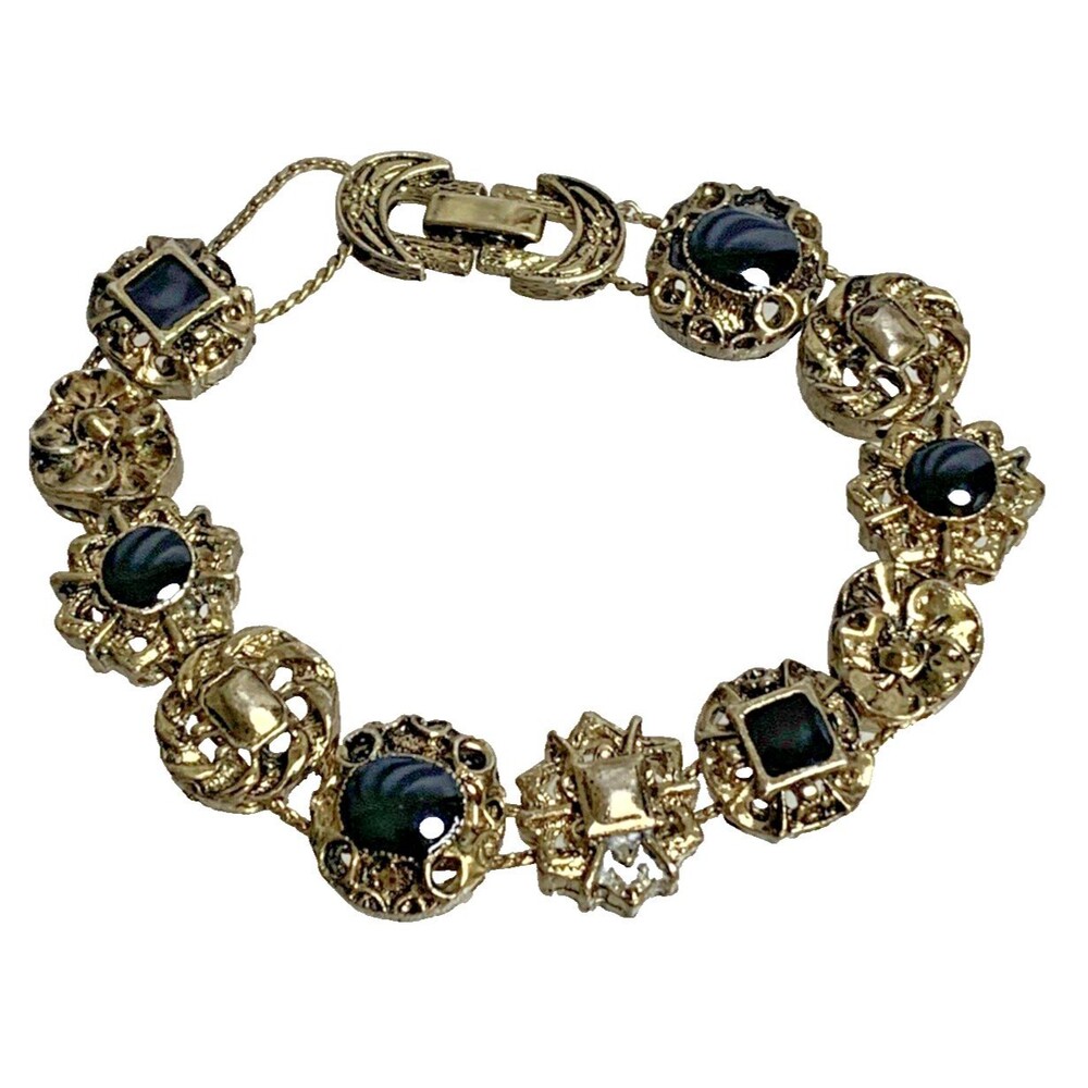 Vintage Slide Charm Bracelet Black Cabochon Crescent Moon Clasp Celestial Gothic